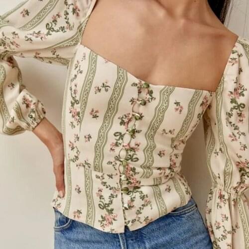 Retro Temperament Square Collar Lantern Sleeve Striped Floral Short Top Print Button T-shirt Chic Long-sleeved Fashion Lady 2021