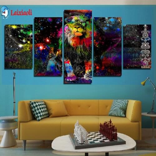 Starry lion Diamond Embroidery Fluorescent lion,5D Cross Stitch Diamond Painting Rhinestone Full Square round stones Mosaic 5pcs