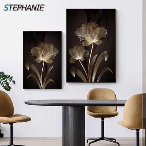 Abstract Golden Flower Canvas Painting Scandinavian Poster and Print Modern Luxury Wall Art Pictures for Living Room Decoration
