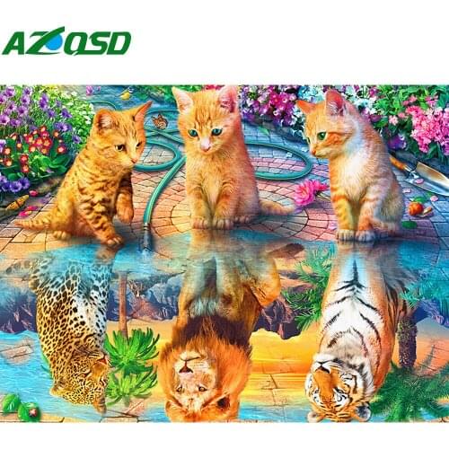 AZQSD Diamond Embroidery Cat Reflection Tiger Mosaic Handmade Rhinestones Diamond Painting Animal Cross Stitch Home Decoration