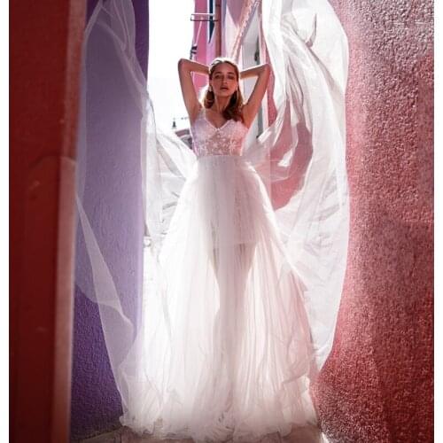 Eightree White Wedding Dresses 2021 V Neck Wedding Dresses Star Appliques See-Through Bridal Gowns A Line Princess Wedding Gown