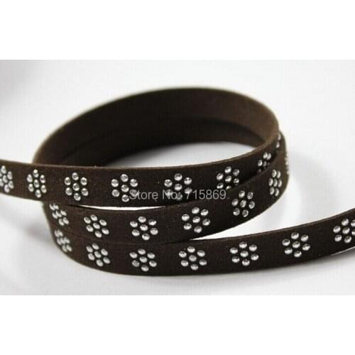 Free Ship 100 Meterse Silver Rivet Coffee 10 mm Flat Faux Suede Leather Cord with Silver Acrylic Stones Flower