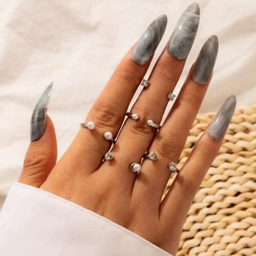 Docona Bohemia Opening Pearl Crystal Rings Set for Women Gothic Sliver Color Knuckle Rings Jewelry Anillos Gifts 5pcs 10120
