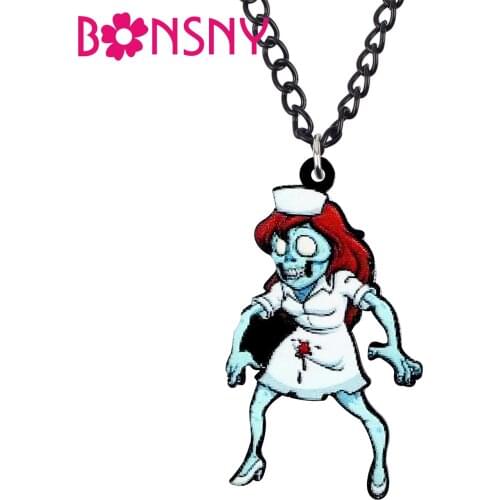 Bonsny Acrylic Halloween Blood Nurse Zombie Necklace Long Choker Fashion Anime Jewelry Women Kids Girls Teens Charms Party Gift