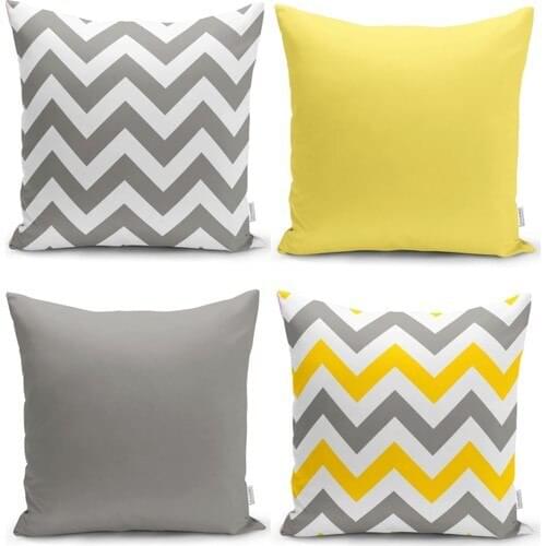 RealHomes Yellow and Gray Zigzag Pattern Digital Printed 4'lü Pillow decorate Case Set