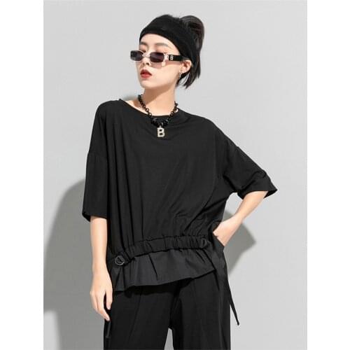Ladies summer new personality splice elastic band flapper classic dark loose casual large short sleeve T-shirt