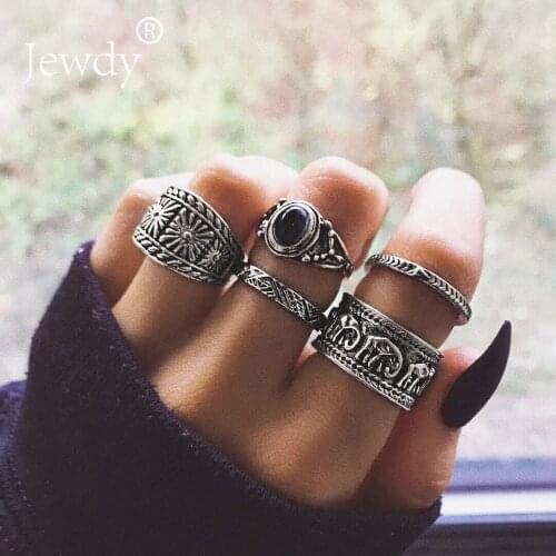 Jewdy New Arrival Vintage rings 5 pcs set Bohemia midi rings hollow out decorative pattern silver color jewelry sets