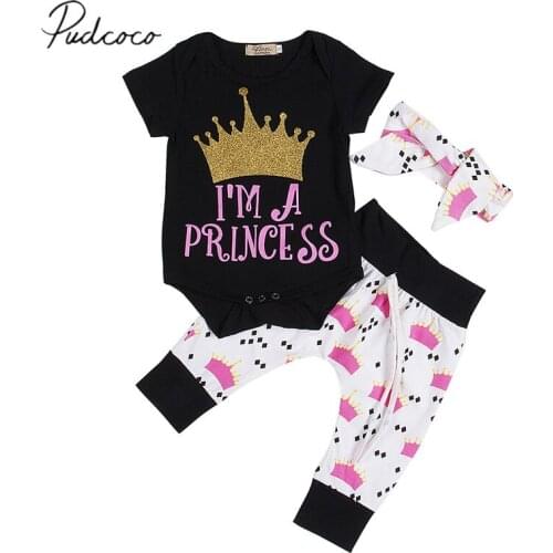 2018 Brand New Newborn Infant Baby Girl Pretty Clothes Sets 3PCS Short Sleeve Crown Black Romper Tops+Pants+Headband Outfits