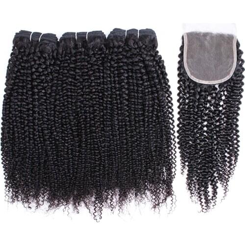 Kisshair kinky curly 3 bundles with 4*4 lace closure natural color Brazilian human hair non remy double weft hair extension