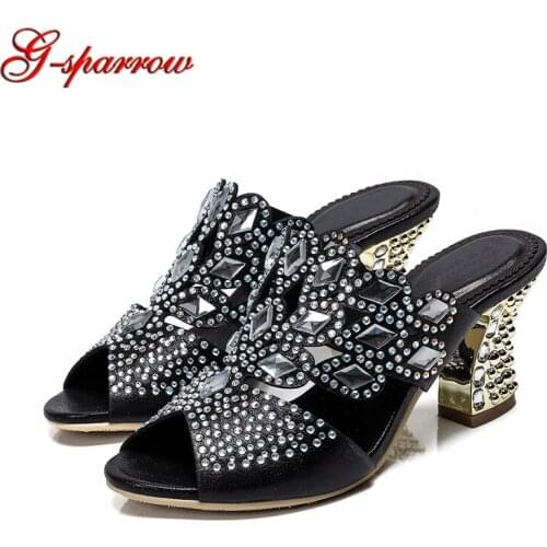 Black Rhinestone Summer Dress Shoes Sandals 3 Inches Chunky Heel Bridal Shoes Anniversary Ceremony Shoes Summer Slippers