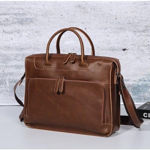 Mens Crazy Horse PU Leather Business Briefcase Messenger Bags Man Retro Satchels 14 Inch Laptop Handbag Male Shoulder Bags 2021