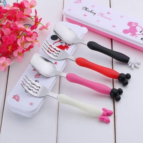 Disney Cartoons Mickey and Minnie stainless steel Spoon and fork Childrens tableware Baby soft silicone handle Cutlery Set