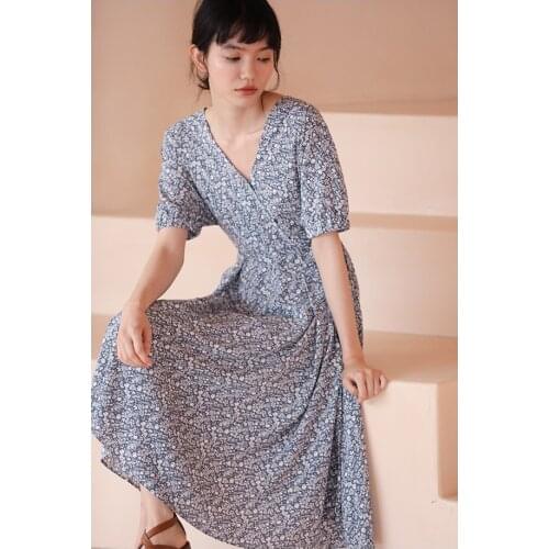 2021 Summer New Arrival Offcie Lady Vintage Floral V-Neck Dress Slim Belt Elegant Temperament