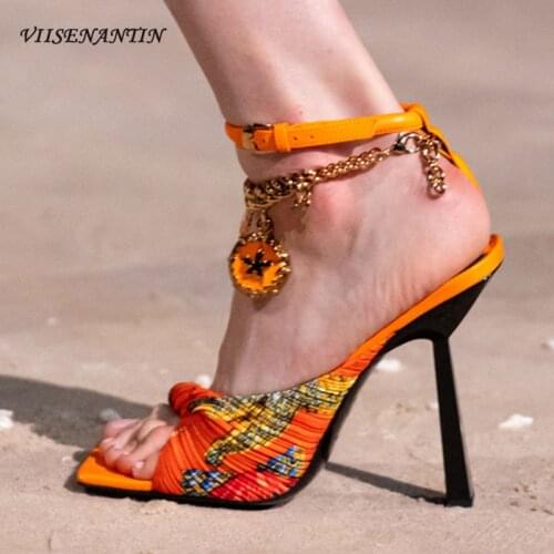 Summer Colorful Square Toe Open-toe Buckle Pleated Stiletto High Heel Sandals New Fashion Show Temperament High Heels
