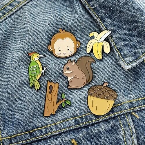 Cute Cartoon Monkey Squirrel Woodpecker Enamel Brooch For Women Girls Animal Fruit Tree Banana Lapel Badge Pins Jewelry Gifts