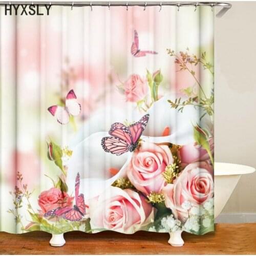 Rose Butterfly Flower Print Shower Curtains Floral Design Waterproof Polyester Bathroom Screen Curtain Fabric for Bathtub Decor