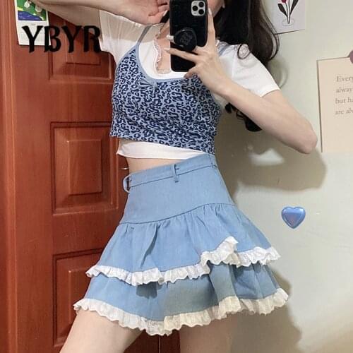 YBYR Y2K Pleated Skirts Women Vintage 90s Aesthetic School Girl Sexy Mini Skirt Lace Hem Cute Kawaii Clothes Pompous Skirt