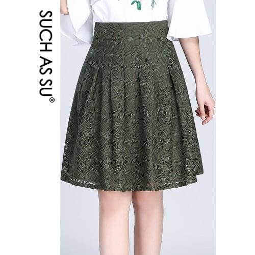 SUCH AS SU Women 2021 Spring Summer Lace High Waist Ladies Black Brown Green Knee-Length S-XXXL Plus Size Female A-Line Skirt