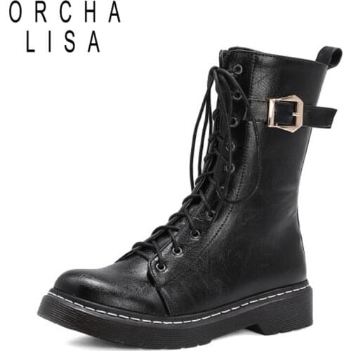 2021 Autumn Punk Buckle Women Motorcycle Boots Lace-up Zipper Female Ankle Boots Plus Size 34-43 High Quality Women Shoes S2371