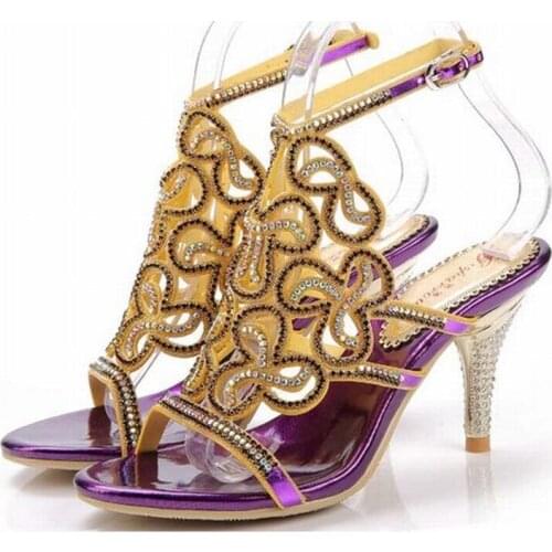 Hot sale 2018 brand gladiator high heels sandals summer open toe party wedding rhinestone pumps buckle ladies shoes sandalias