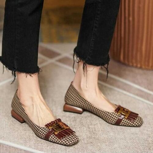 Women Houndstooth Thick Low Heel Shoes Slip-On Tassel Beads Spring Square Toe Pump For Office Lady