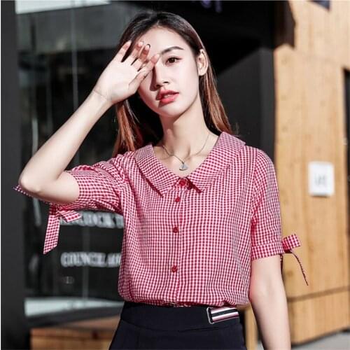 Women Spring Summer Style Chiffon Blouses Shirts Lady Casual Short Lantern Sleeve Peter pan Collar Blusas Tops DD1718