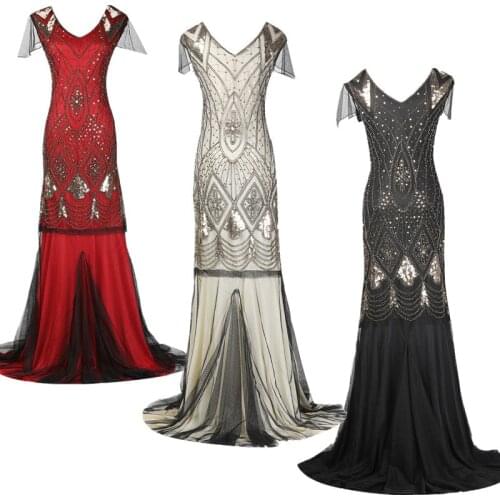 2021 Floor Length Dress Vintage Women Sequins Maxi Dress Beaded Flapper 1920s Gatsby Club Party Gown Mermaid Dress Costume