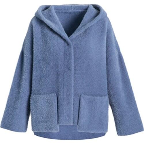2018 Autumn And Winter New Woolen Coat Hooded Knit Jacket Thick Loose Fashion Solid Color Micro-elastic Shirt