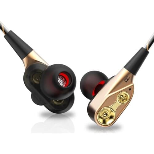 3.5mm HiFi Wired Earphone Dual-Dynamic Quad-core Speaker In-ear earbuds Flexible Cable Anti-wrap with HD Microphone(Gold)