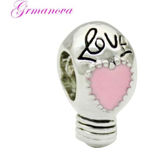 Valentines Day Gift Pink Heart Shape Love Bulb Charm Beads Big Hole New Jewelry Making Fit Pandora Bracelet Womens DIY Jewelry