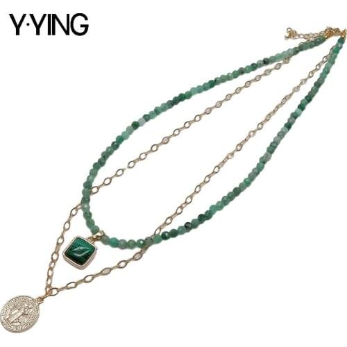Y·YING Natural Green Emeralds Chain Malachite Charm gold color chain statement Necklace 16" handmade for women