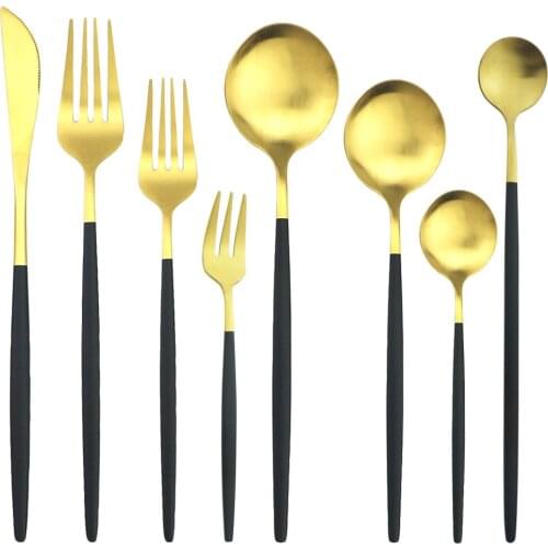 Black Gold Dinnerware Cutlery Set Knife Cake Fork Coffee Spoon Tableware Stainless Steel Flatware Ice Cream Scoop Silverware Set