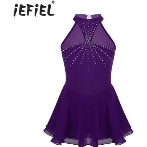 Kids Girls Sleeveless Figure Skating Dress Halter Rhinestone Mesh Splice Ice Skating Dance Costumes Ballet Dance Leotard Dress
