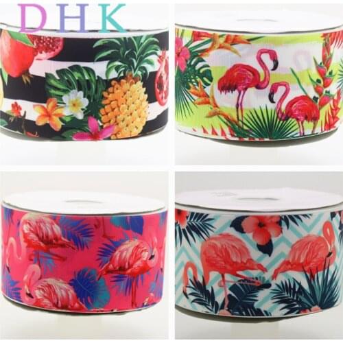 DHK 3'' 5yards flamingo leaf fruits printed grosgrain Ribbon Accessory hairbow headwear decoration Wholesale OEM E1534