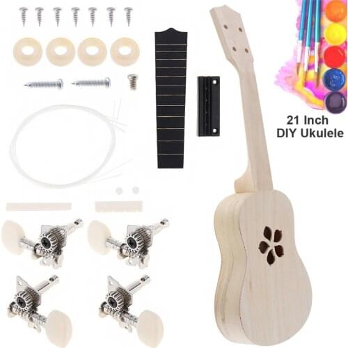 21 Inch Ukulele DIY Kit Basswood Soprano Hawaii Guitar with Sakura Sound Hole Handwork Painting for Parents-child Campaign