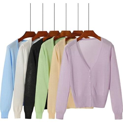 Queechalle 20 Colors Short Cardigan Coat Summer Spring Womens V Neck Ice Silk Thin Coats Pink White Black Yellow Green Red Blue