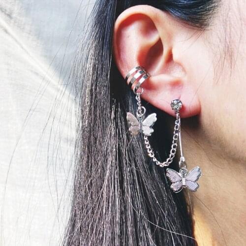 ZHOUYANG Bufferfly Ear Clips For Women Long Earrings Silver Color Accessories Earing Gift For Girls Fashion Punk Jewelry KBE319