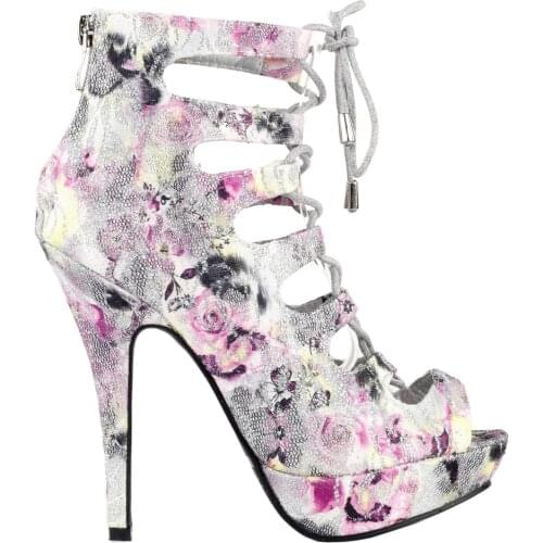 LF30100 Glitter Silver Cut-Out Lace Up Gladiator Bootie Sandals US Size 4/5/6/7/8/9/10