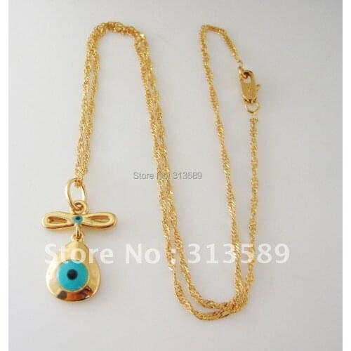Min order 10$/CAN MIX DESIGN /Top Quality - YELLOW GOLD GP 18.5" NECKLACE & EVIL EYE ENAMELED PENDANT/Great Gift Money Maker