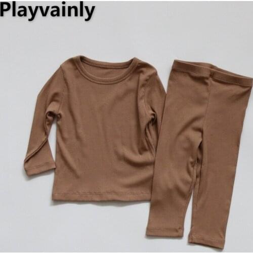 2021 Autumn Girls Boys Pajamas 2-pcs Sets Solid Color Long Sleeves T-shirt Top+Pants Children Sleepwear Warm Homewear E2800