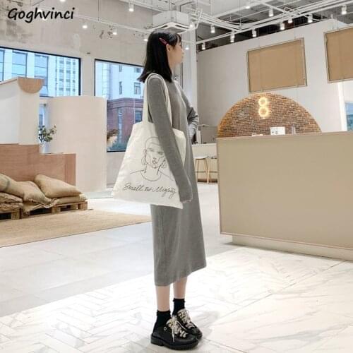 Long Sleeve Dress Women Autumn Solid All-match Korean Style Loose 2XL Elegant Fashion Womens Ulzzang Streetwear Simple Vestido