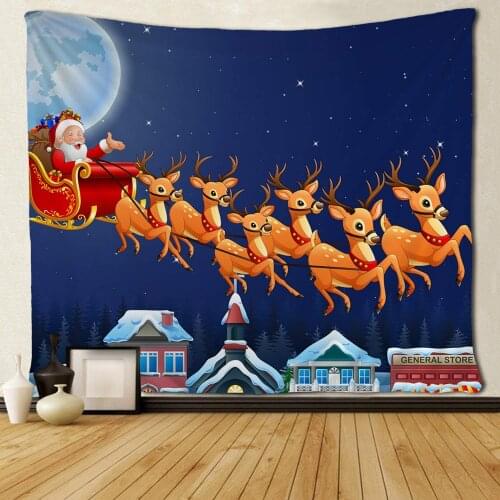 Christmas Santa Claus Riding His Reindeer Sleig Flying Over Tapestries for Bedroom Living Room Dorm