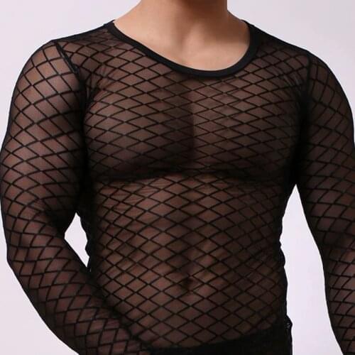 Mesh Transparent SleepWear Mens Sexy Thin Long Sleeve Sleep Wear Exotic Grid Singlet Fishnet Sheer Stretch Undershirt Sleep Tops