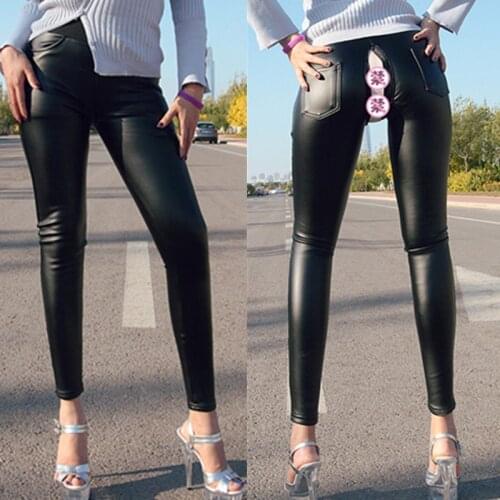 Outdoor Sex Pants For Winter Womens Clothes Faux PU Leather Zipper Open Crotch Sexy Warm Fleece Lined Leather Leggings Plus Size