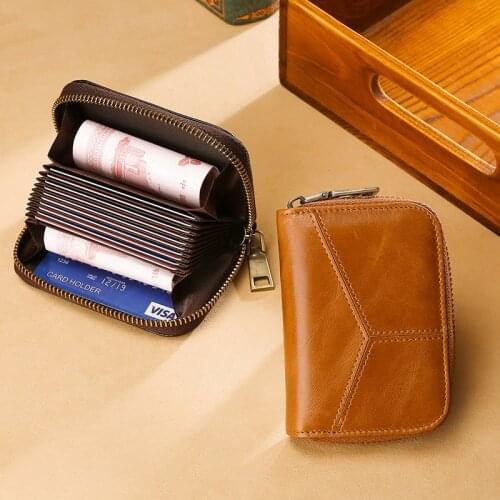 High Grade Cowhide Card Bag for Men Anti Theft Rfid Genuine Leather Wallet Unisex Small Zipper Coin Purse ID Credit Card Holder
