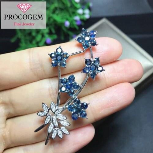Natural Elegant Flower Sapphire Brooches for women Anniversary Party gifts Genuine gemstone fine Jewelry 925 Sterling Silver 330