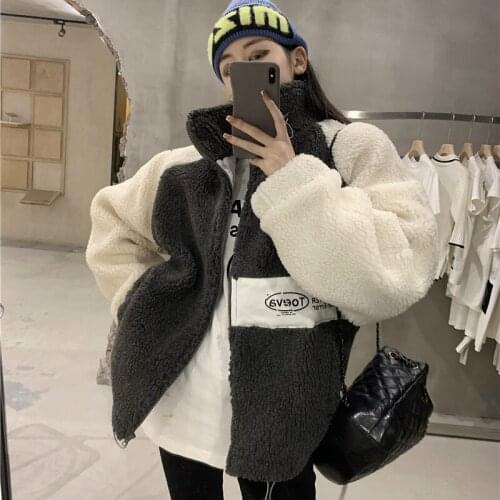 2020 Women Autumn Winter Faux Lamb Wool Jacket Outwear Overcoat Zipper Color Patchwork
