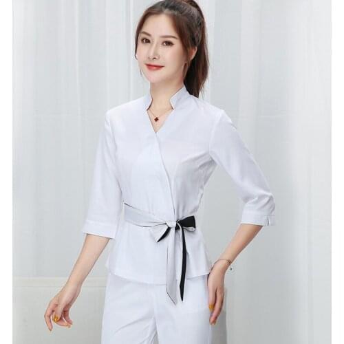 Women white Beauty salon clothing hotel waiter work clothes SPA Uniform autumn Seven-quarter sleeve sauna foot bath Uniforms