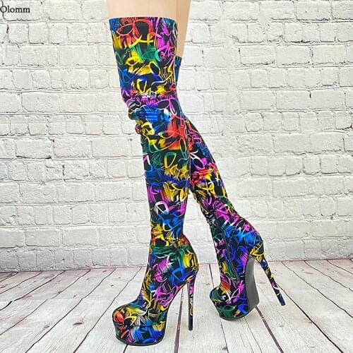 Olomm 2021 New Fashion Women Thigh High Boots Sexy Stiletto Heels Round Toe Multi Color Party Shoes Women Plus Size 35-45