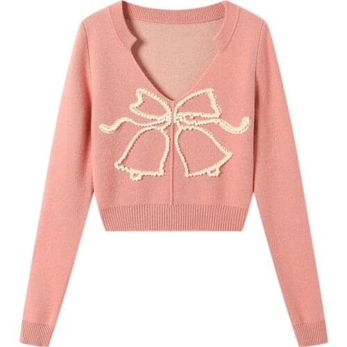 PERHAPS U Women Sweater Knitted Long Sleeve Bow Bell Beading Short Cropped Pullover Black Gray Pink M0470